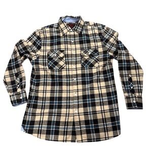 RQQBA Men L Plaid Flannel Style Button Down Shirt Tan Black Blue Grunge Gorpcore